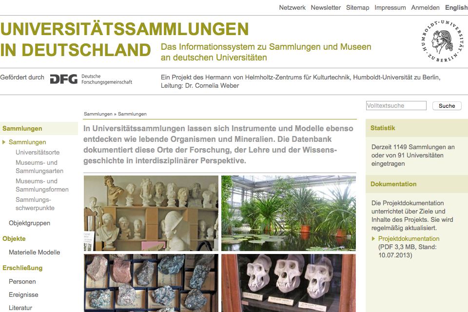 Webseitenausschnitt Universitätssammlungen